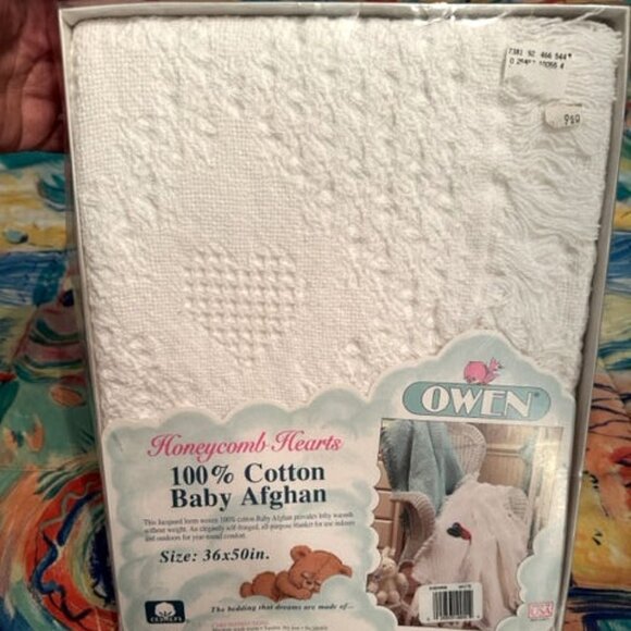 VTG Owen HONEYCOMB Hearts BABY Blanket AFGHAN Jacquard FRINGE Soft COTTON Crib - Picture 1 of 8